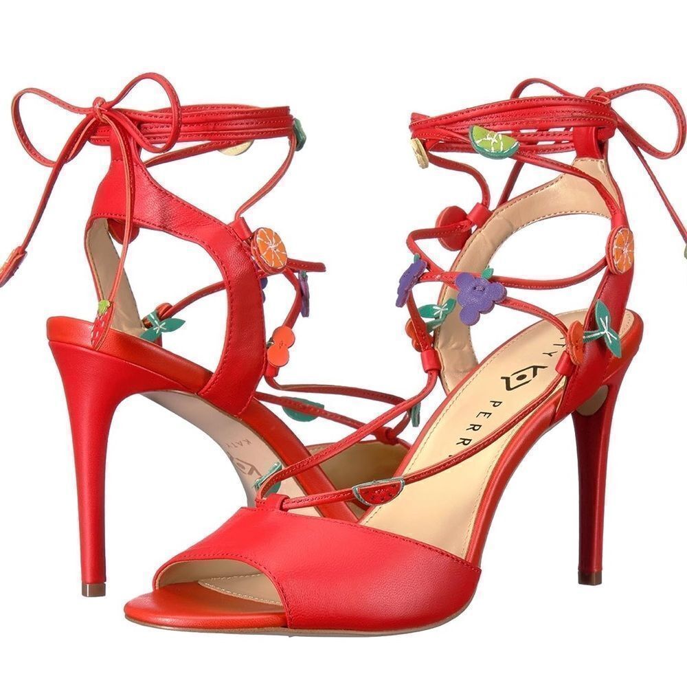 EUC Katy Perry Collections The Carmen Red Strappy Fruit Heels 8.5